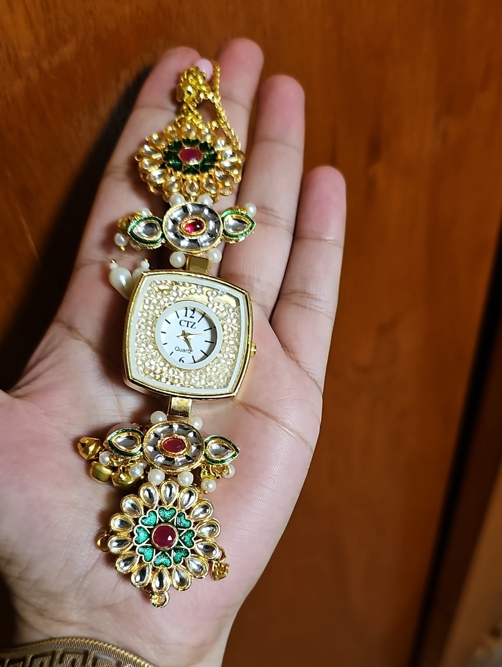 CTZ Gold-Tone Kundan Floral Bracelet Watch with Green & Red Accents